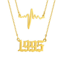 Custom Gold Stainless Steel Number Birth Year HeartBeat Double Layered Necklace Happy Birthday Gift